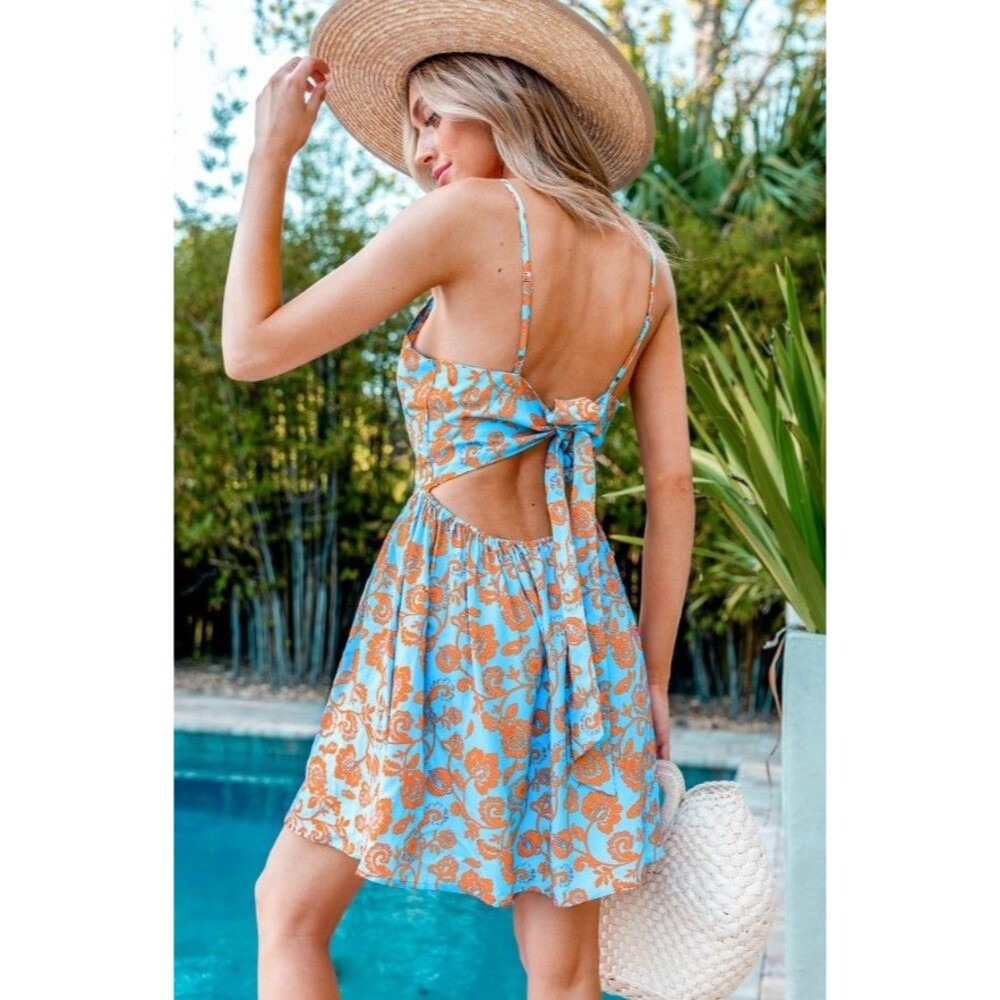NWT CUPSHE Cutout Mini Dress Blue Orange Floral Summer Sundress Boho - Medium